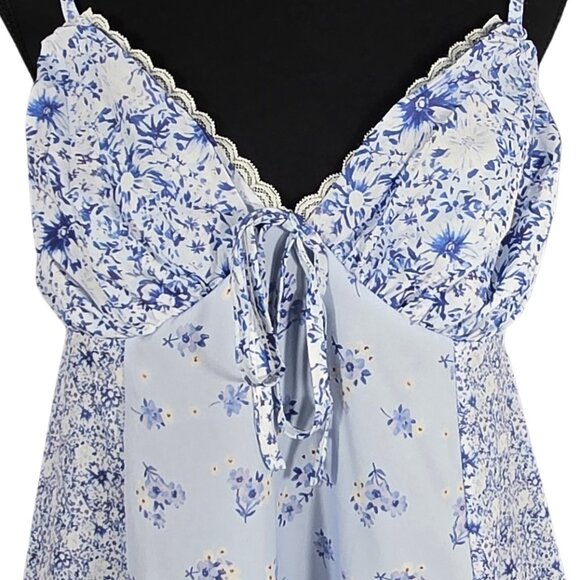 NWT | Veenily Blue Floral Patchwork Tie Front Tank Top with Lace Trim | Large - Picture 3 of 5
